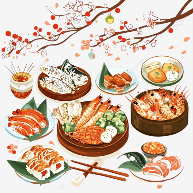 新年 春节美食 合家团圆 年夜饭 年货 中国风 国潮插画 二次元