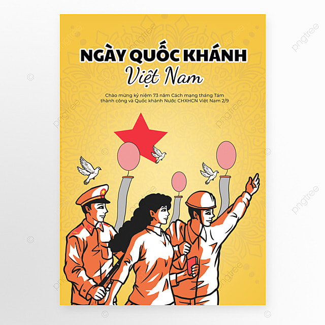 越南国庆日卡通人物欢呼鸽子节日宣传海报