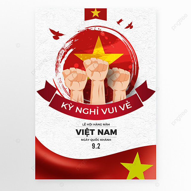 握拳越南国旗丝带鸽子剪影国庆日节日宣传海报