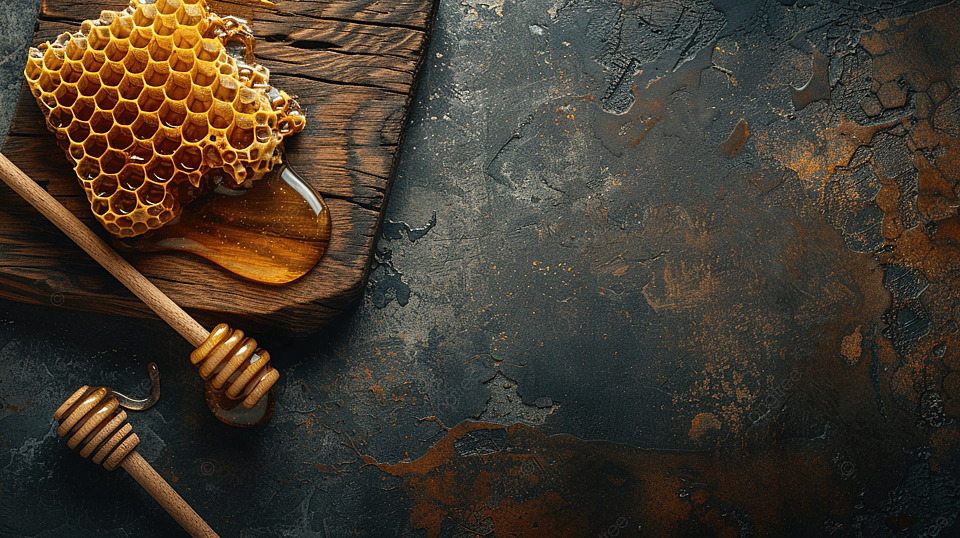 木板上有蜂蜜的蜡蜂蜂窝和木勺棕色桌面视图