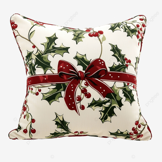 带冬青和蝴蝶结的圣诞装饰枕头