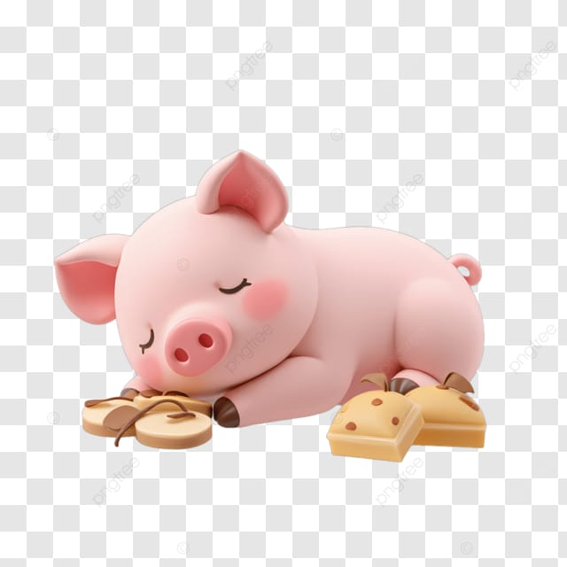 小猪睡在有金币的枕头上