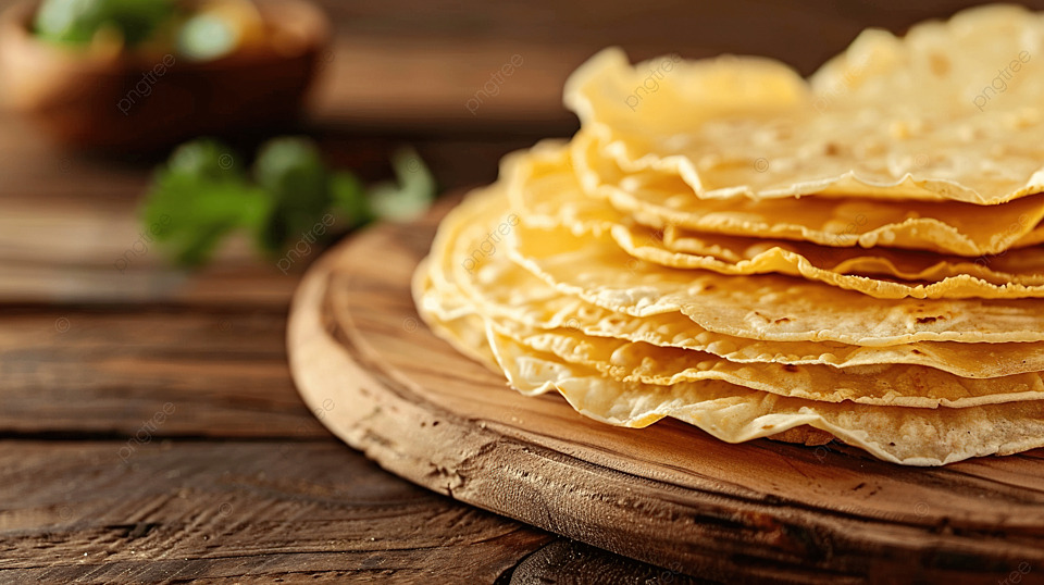 桌面木板上的一堆扁平墨西哥玉米饼和垂直视图