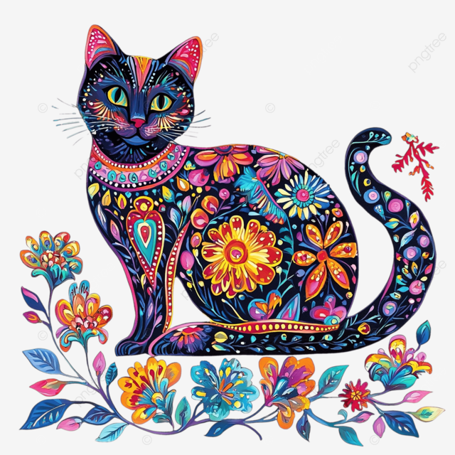 装饰枕头上充满活力的猫，周围有花卉