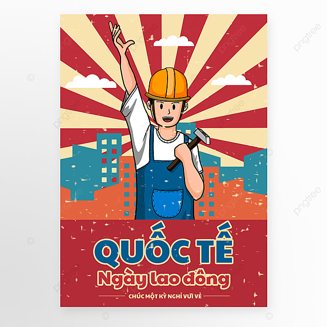 红色条纹创意复古怀旧劳动节越南语海报