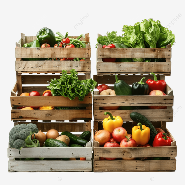 装有新鲜蔬菜和水果的木箱