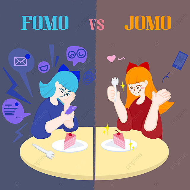 Fomo vs Jomo 可爱卡通圆桌女孩社交媒体帖子