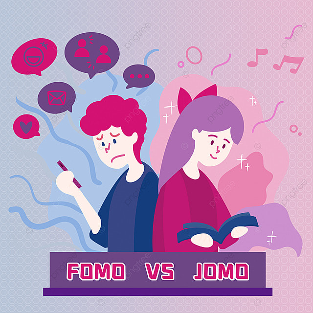 Fomo vs Jomo 可爱卡通男孩和女孩社交媒体帖子