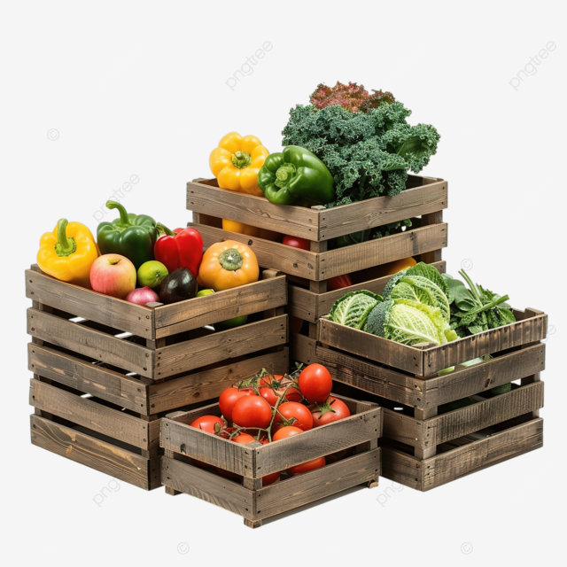 装有新鲜蔬菜和水果的木箱
