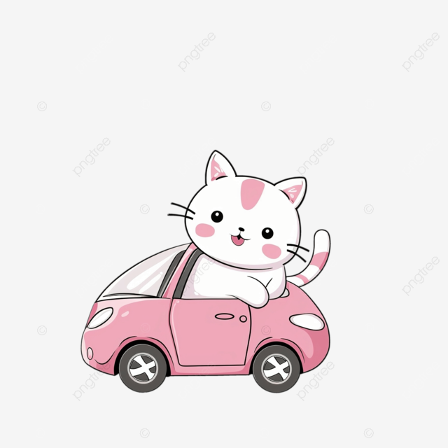 无缝绘制的卡哇伊猫正在拖着一辆粉色跑车图案