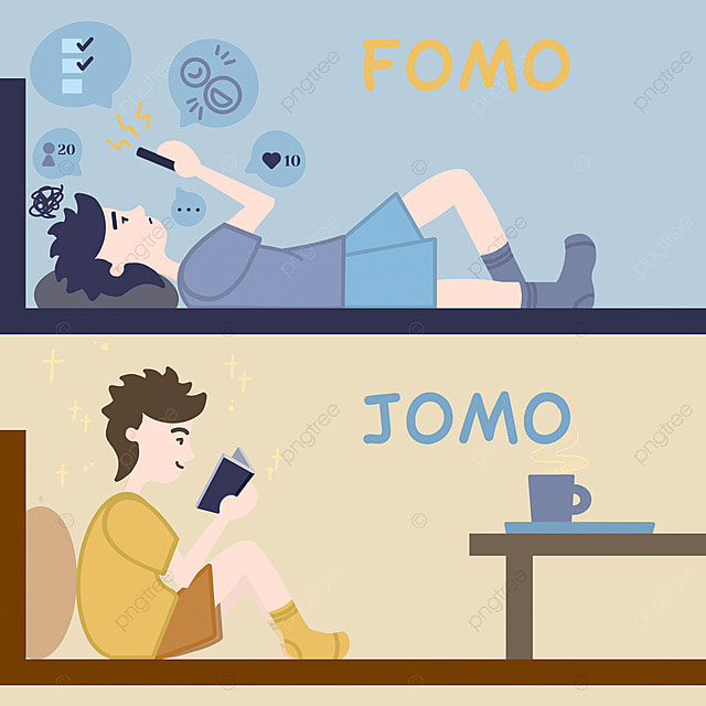 Fomo vs Jomo 可爱卡通社交男孩媒体帖子