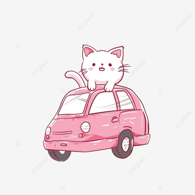 无缝绘制的卡哇伊猫正在拖着一辆粉色跑车图案