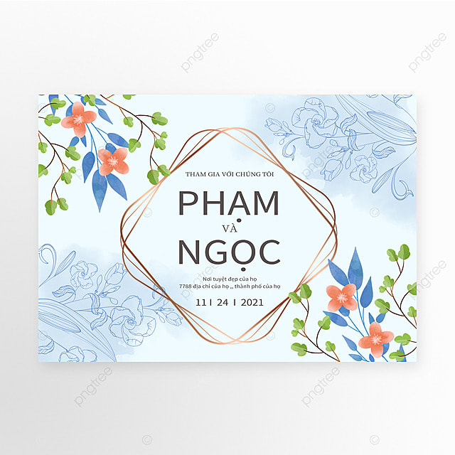 水彩婚礼蓝色温馨越南语邀请函