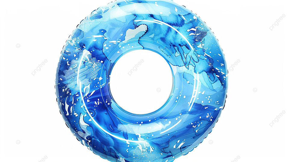 白色背景上孤立的蓝色水彩充气游泳圈