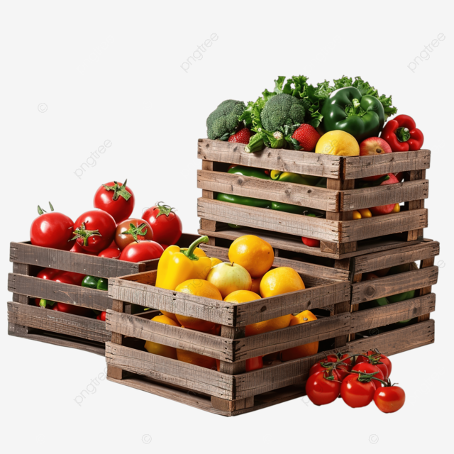 装有新鲜蔬菜和水果的木箱