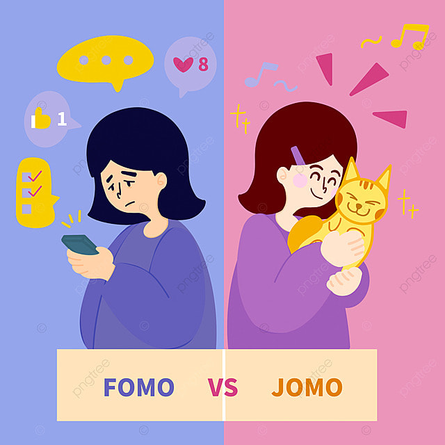 Fomo vs Jomo 可爱卡通女孩色彩对比社交媒体帖子