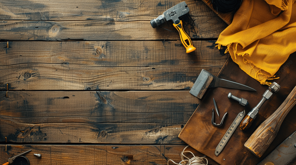 木制乡村背景上带有工作工具的横幅顶视图横幅复制空间