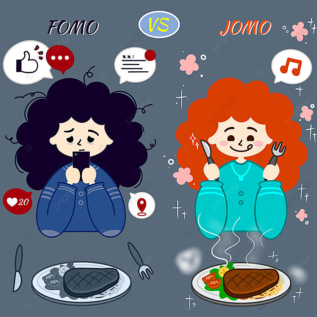 Fomo vs Jomo 可爱的卡通牛排餐具和女孩社交媒体帖子
