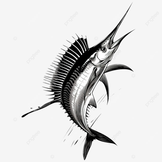 印度太平洋旗鱼或旗鱼跳上侧面复古木刻黑白