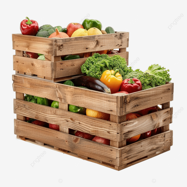 装有新鲜蔬菜和水果的木箱