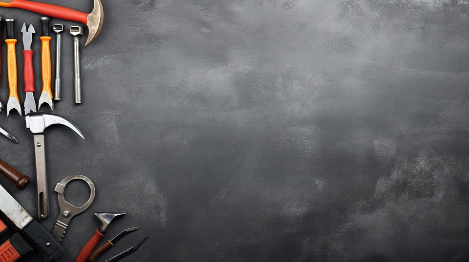 纹理灰色背景上的各种手工制作的金属工具，带有文本顶视图的空间