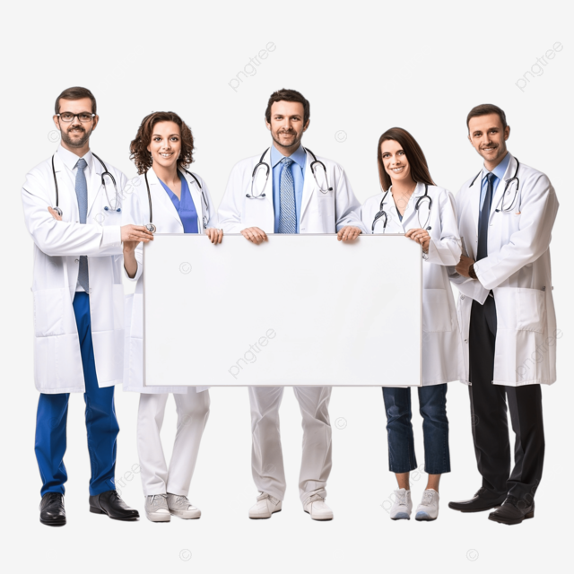 拿着空白标志的医疗队有大广告牌的医生队