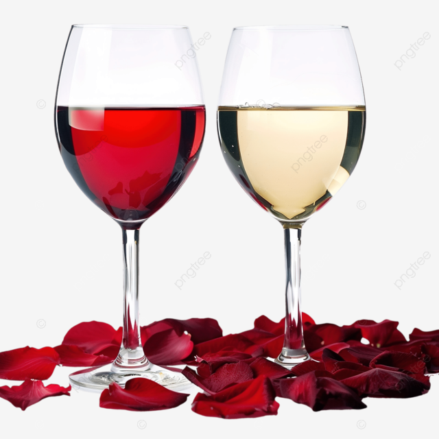 两杯白葡萄酒和红酒，背景是红色花瓣的心