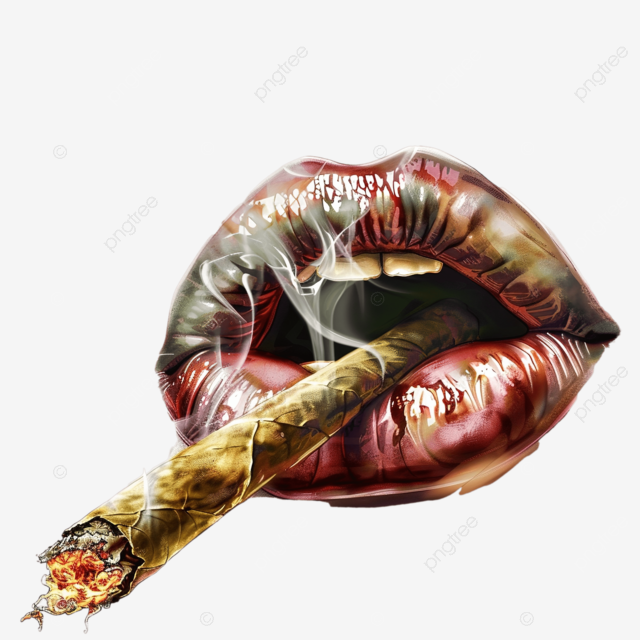 创建一个关节的漫画，用一只手握住一对多汁的嘴唇，燃烧长灰，从雪茄尖端冒出烟雾，极其详细的照片插图