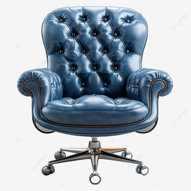执行董事的正蓝色皮革办公椅前视图，与剪切路径隔离，简约逼真的细节
