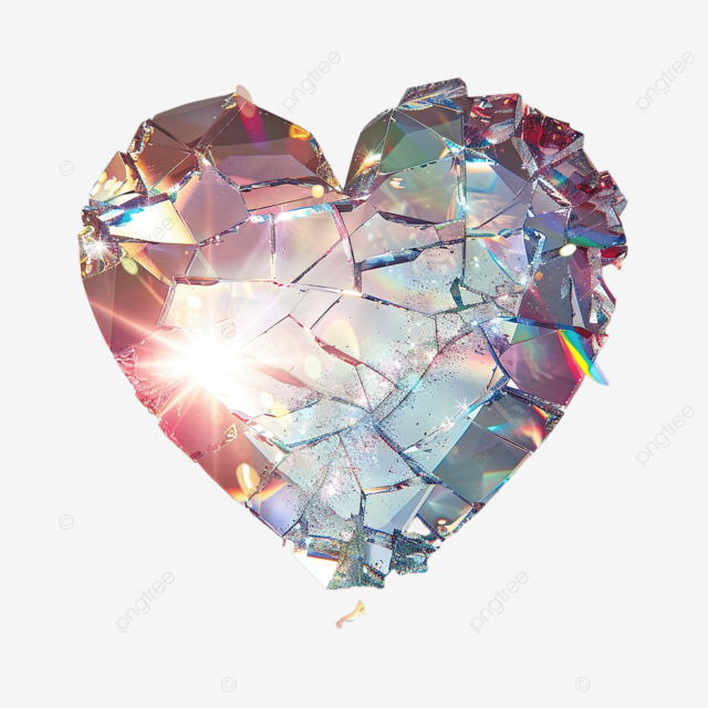 破裂和粉碎的水晶心，光束穿过它，分解成光的彩虹，破碎的碎片闪闪发光