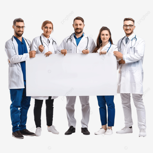 拿着空白标志的医疗队有大广告牌的医生队