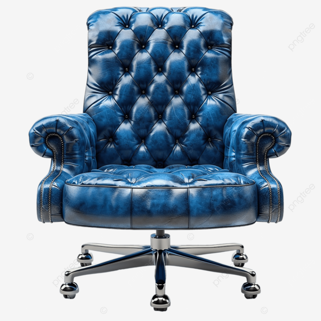 执行董事的正蓝色皮革办公椅前视图，与剪切路径隔离，简约逼真的细节