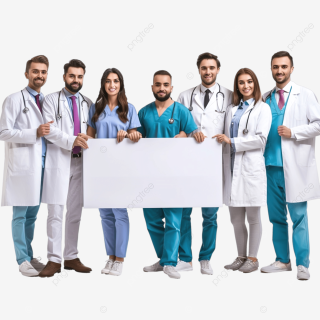 拿着空白标志的医疗队有大广告牌的医生队