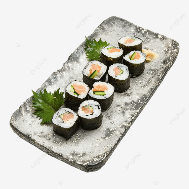 石盘，配有三文鱼海苔卷和米饭寿司