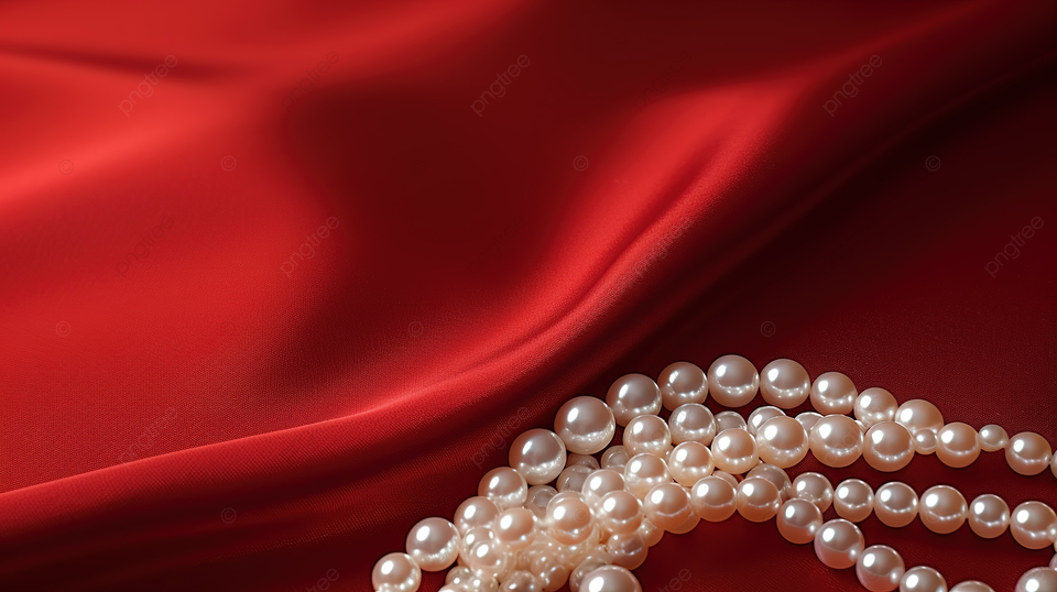 优雅的白色珍珠项链，置于奢华的红色丝缎天鹅绒面料上