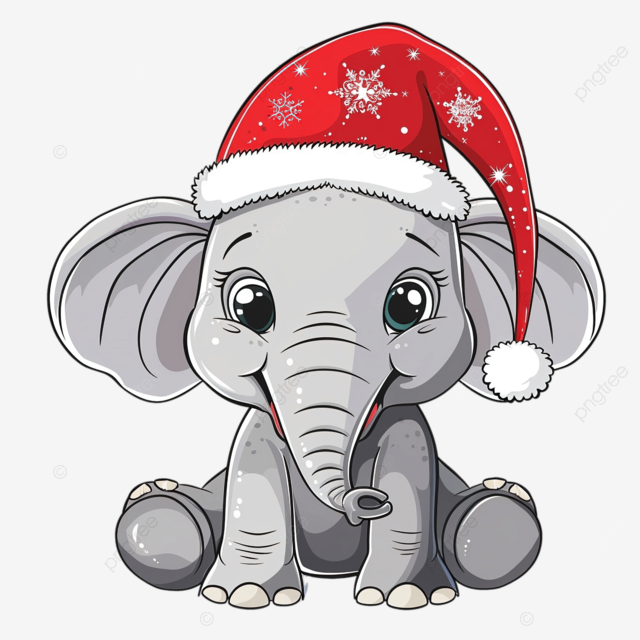 卡通可爱坐在圣诞老人帽子的大象