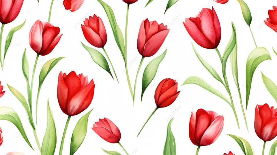 春天绽放充满活力的红色郁金香水彩图案，用于装饰面料和纺织品