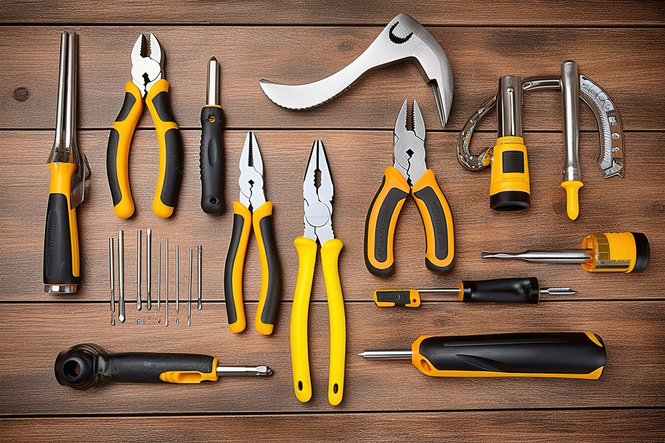木质表面上的一套钳子和其他维修工具