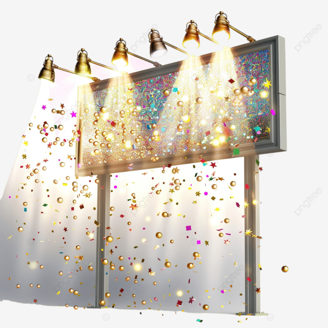 聚光灯照在广告牌上，上面有金色五彩纸屑和彩色灯泡