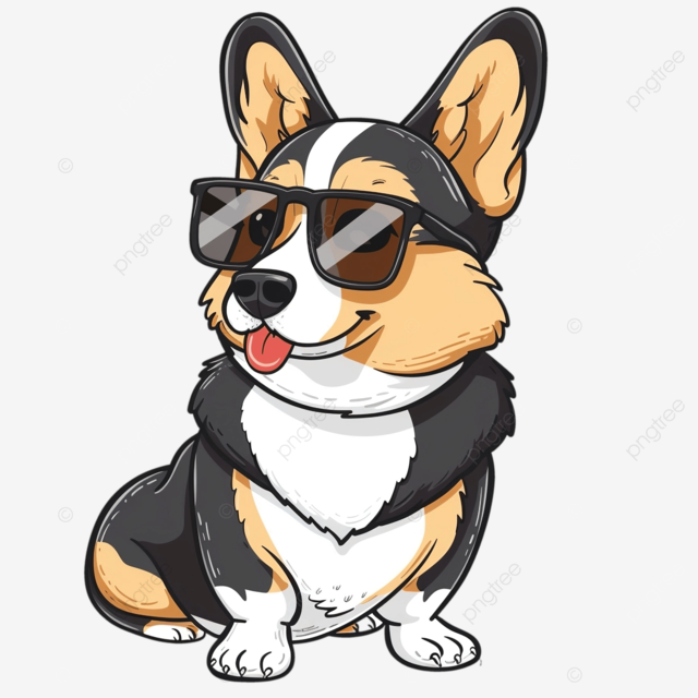 可爱的威尔士柯基犬，戴着太阳镜，双臂交叉卡通