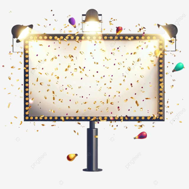 聚光灯照在广告牌上，上面有金色五彩纸屑和彩色灯泡