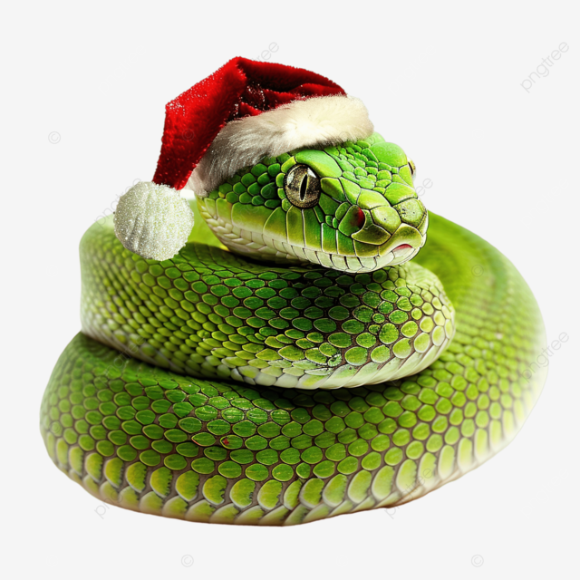 戴着圣诞老人帽子的可爱绿蛇