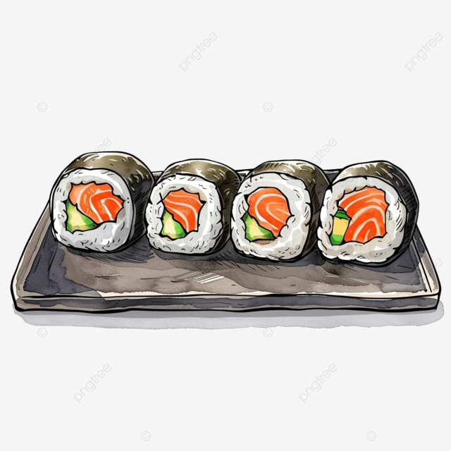 石盘，配有费城卷三文鱼海苔和米饭亚洲食品卡通