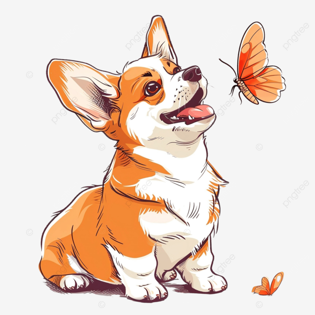 可爱的彭布罗克威尔士柯基犬玩蝴蝶卡通