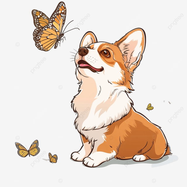 可爱的彭布罗克威尔士柯基犬玩蝴蝶卡通
