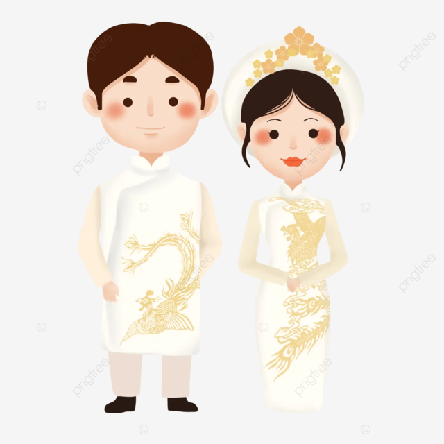 越南婚礼人物卡通风格白色礼服新婚庆典