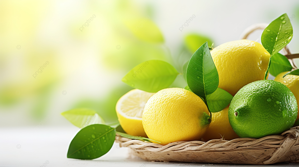 超市篮子里新鲜柠檬和酸橙叶子的特写