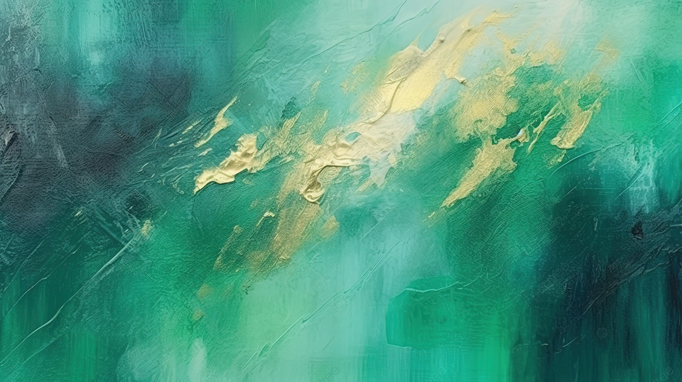 充满活力的深绿色和翡翠抽象艺术背景水彩画，画布上带有柔和的渐变，展示笔触纹理和斑点图案