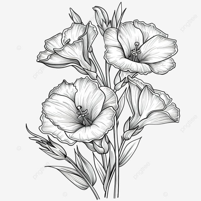 洋桔梗花图画书，带有涂鸦风格的花朵