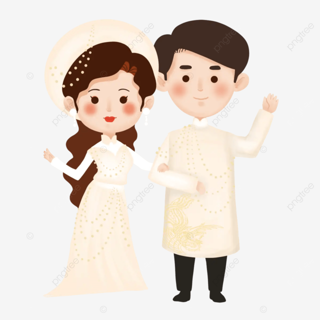 越南婚礼人物卡通风格结婚身穿越南传统礼服白色